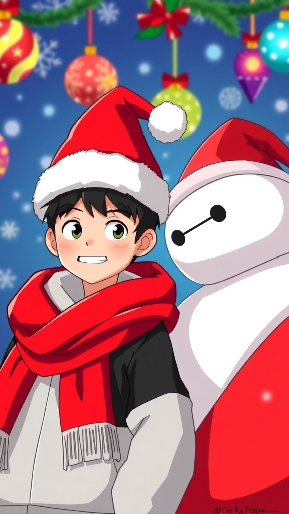 Big Hero 6 characters Hiro and Baymax in a Christmas setting with festive decorations.